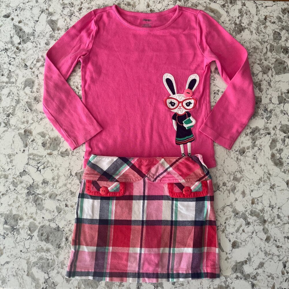 Gymboree pink bunny plaid skort set sz 4-5